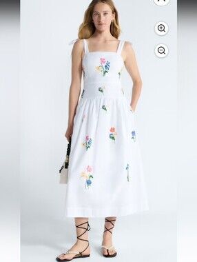 Free Assembly White Midi Dress with Multicolor Floral Embroidery